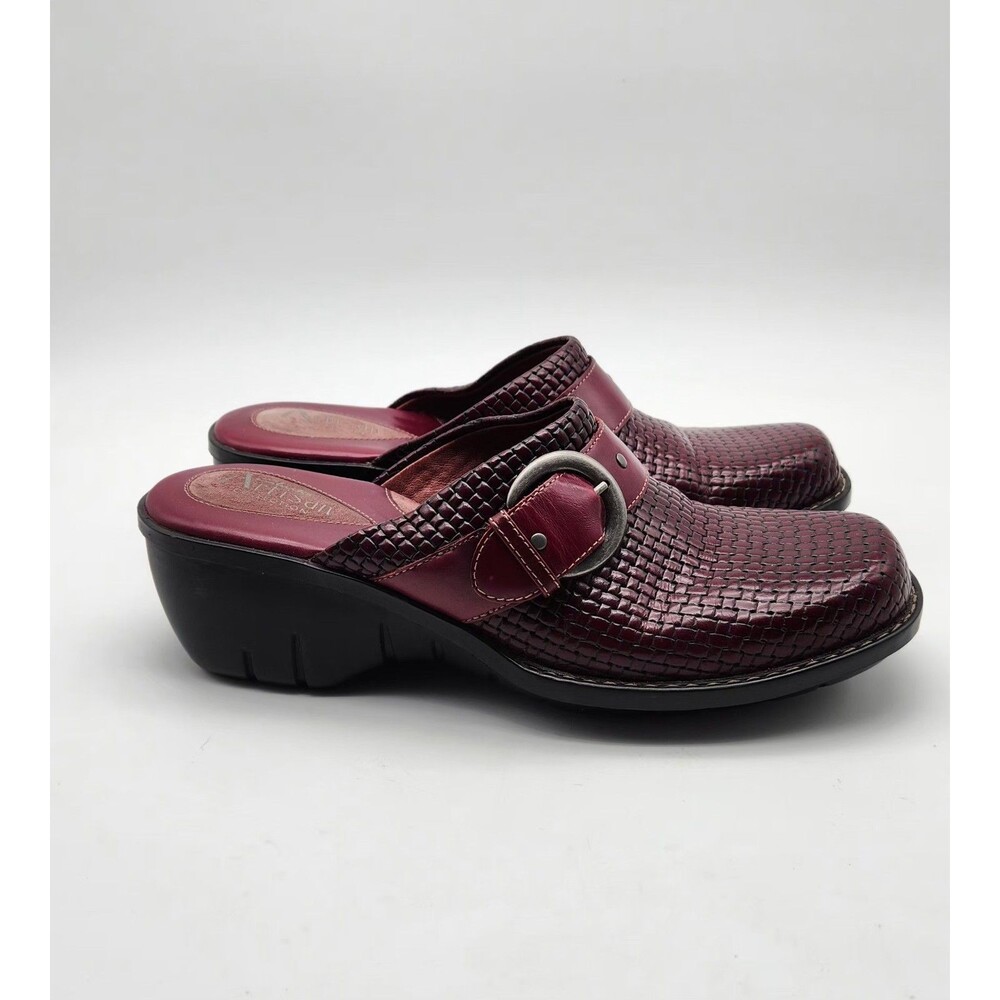 Clarks Artisan 7.5M Mules Clogs Shoes Cordovan Woven Leather Buckle Slides Heel - Picture 5 of 10